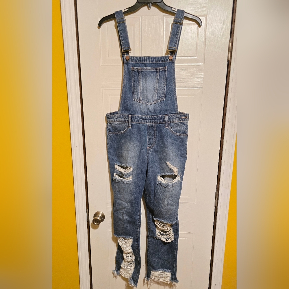 Fashion Nova Ripped Blue Denim Overalls